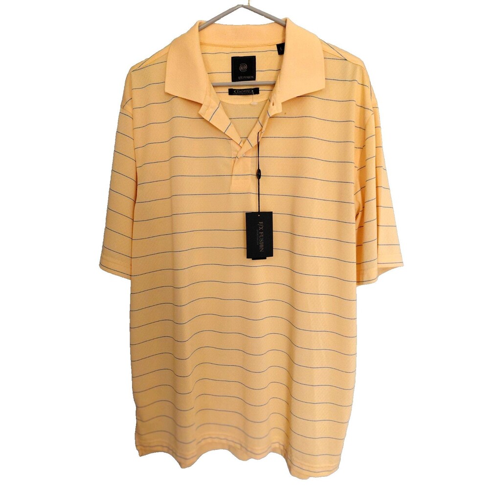 F/X Fusion NWT Mens DryWay Golf Shirt Sz L Yellow Blue Stripe